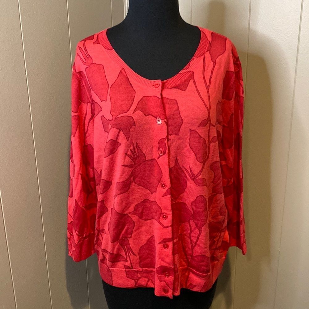 TALBOTS Extra Large Petite RED FLORAL BUTTON MERINO WOOL CARDIGAN